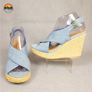 NWT American Eagle Wedges Espadrille Heels Denim Canvas Ankle Strap Women's 8